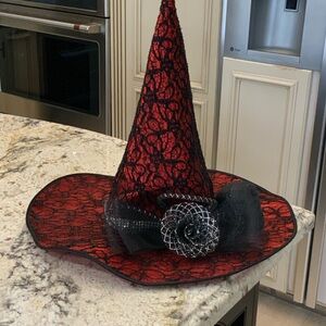 Red and Black Lace Witch Hat with Decorative Rose - Brand Unspecified